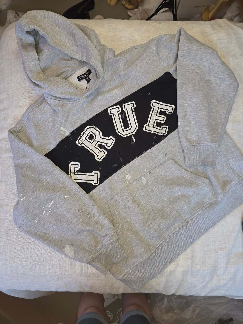 True Religion Logo College Pullover Hoodie Size L Gray